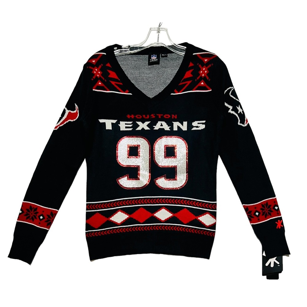 Houston Texans NFL Football Christmas Sweater‎ J.J Watt Women Glitter Klew Small